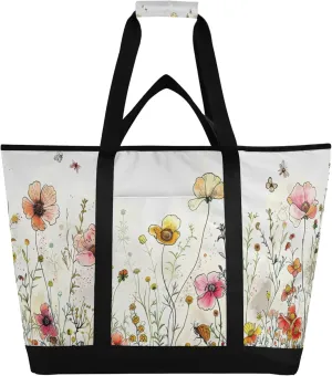 Wildflowers Reusable Insulated Cooler Bag with Ice Pack Compartment - Large 180L Waterproof Thermal Grocery Tote for Picnic Beach Camping Lunch Storage