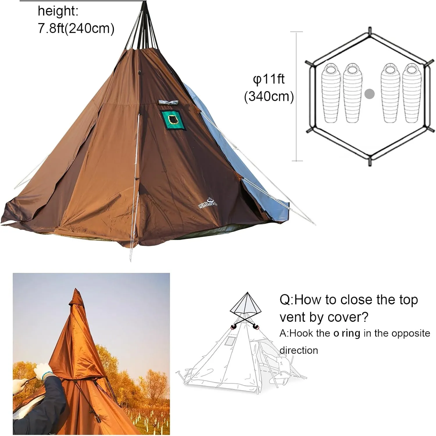 WINTENT 4 Season Waterproof Teepee Tent Yurt with Stove Jack for Adult Camping Hiking, Height 7.8FT/240CM