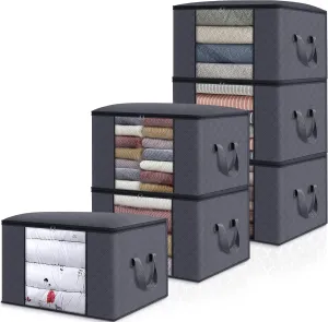 WISELIFE Clothes Storage Bags, Large Capacity Blanket Storage Containers Organizers for Comforters, Bedding, Foldable 3 Layer Fabric, Sturdy Zippers, Reinforced Handle,Clear Window,(Grey, 6 x 100L)