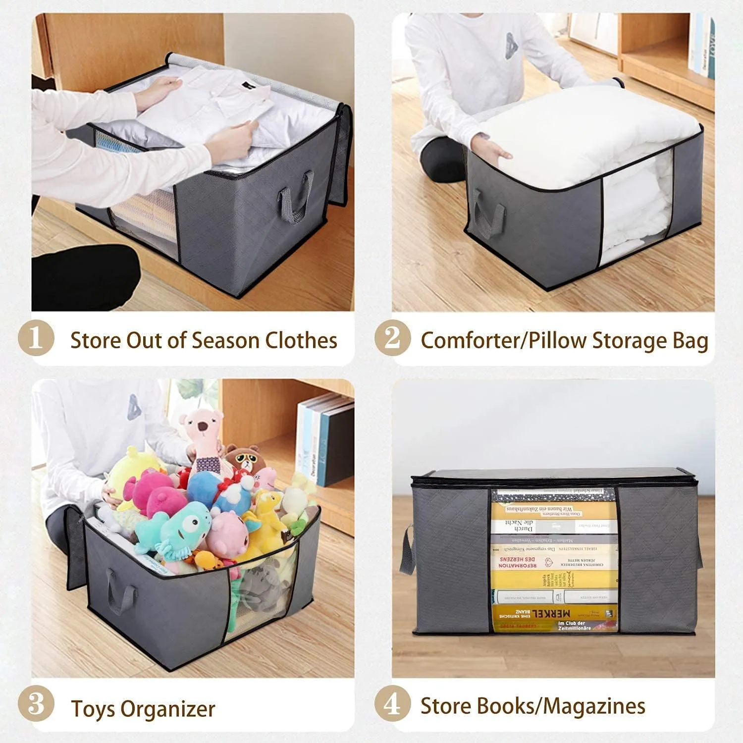 WISELIFE Clothes Storage Bags, Large Capacity Blanket Storage Containers Organizers for Comforters, Bedding, Foldable 3 Layer Fabric, Sturdy Zippers, Reinforced Handle,Clear Window,(Grey, 6 x 100L)