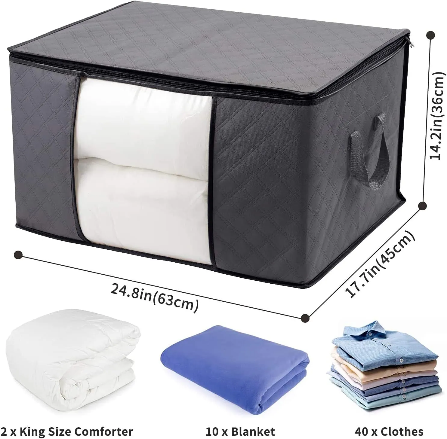 WISELIFE Clothes Storage Bags, Large Capacity Blanket Storage Containers Organizers for Comforters, Bedding, Foldable 3 Layer Fabric, Sturdy Zippers, Reinforced Handle,Clear Window,(Grey, 6 x 100L)