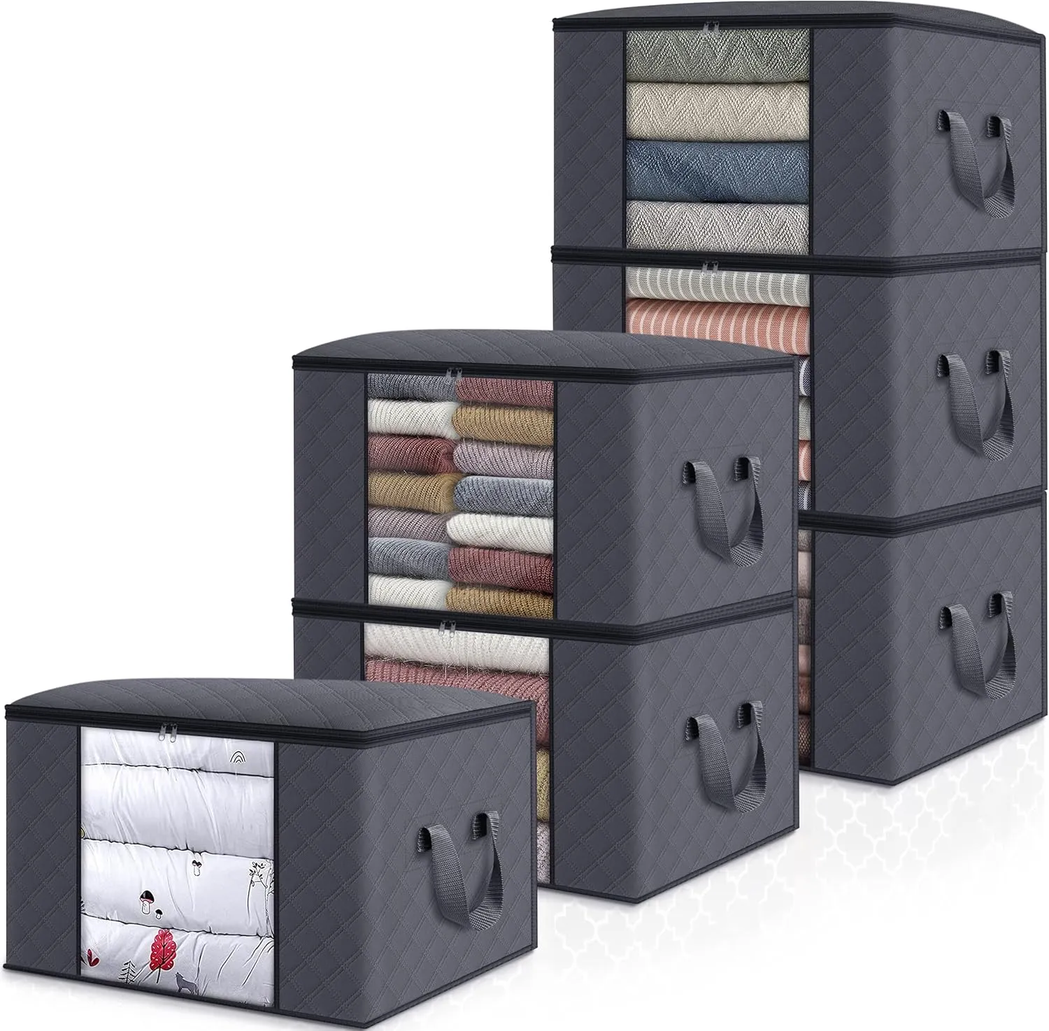 WISELIFE Clothes Storage Bags, Large Capacity Blanket Storage Containers Organizers for Comforters, Bedding, Foldable 3 Layer Fabric, Sturdy Zippers, Reinforced Handle,Clear Window,(Grey, 6 x 100L)