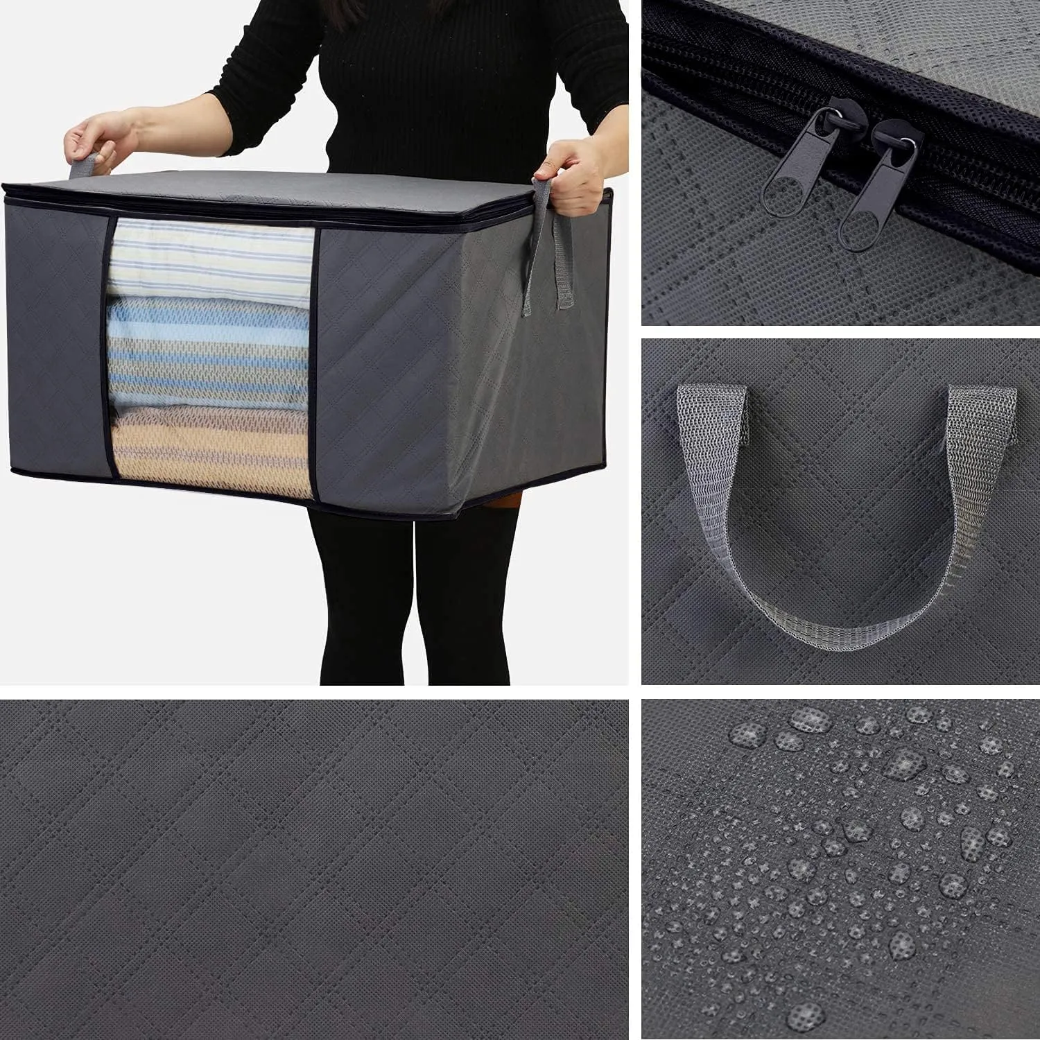 WISELIFE Clothes Storage Bags, Large Capacity Blanket Storage Containers Organizers for Comforters, Bedding, Foldable 3 Layer Fabric, Sturdy Zippers, Reinforced Handle,Clear Window,(Grey, 6 x 100L)