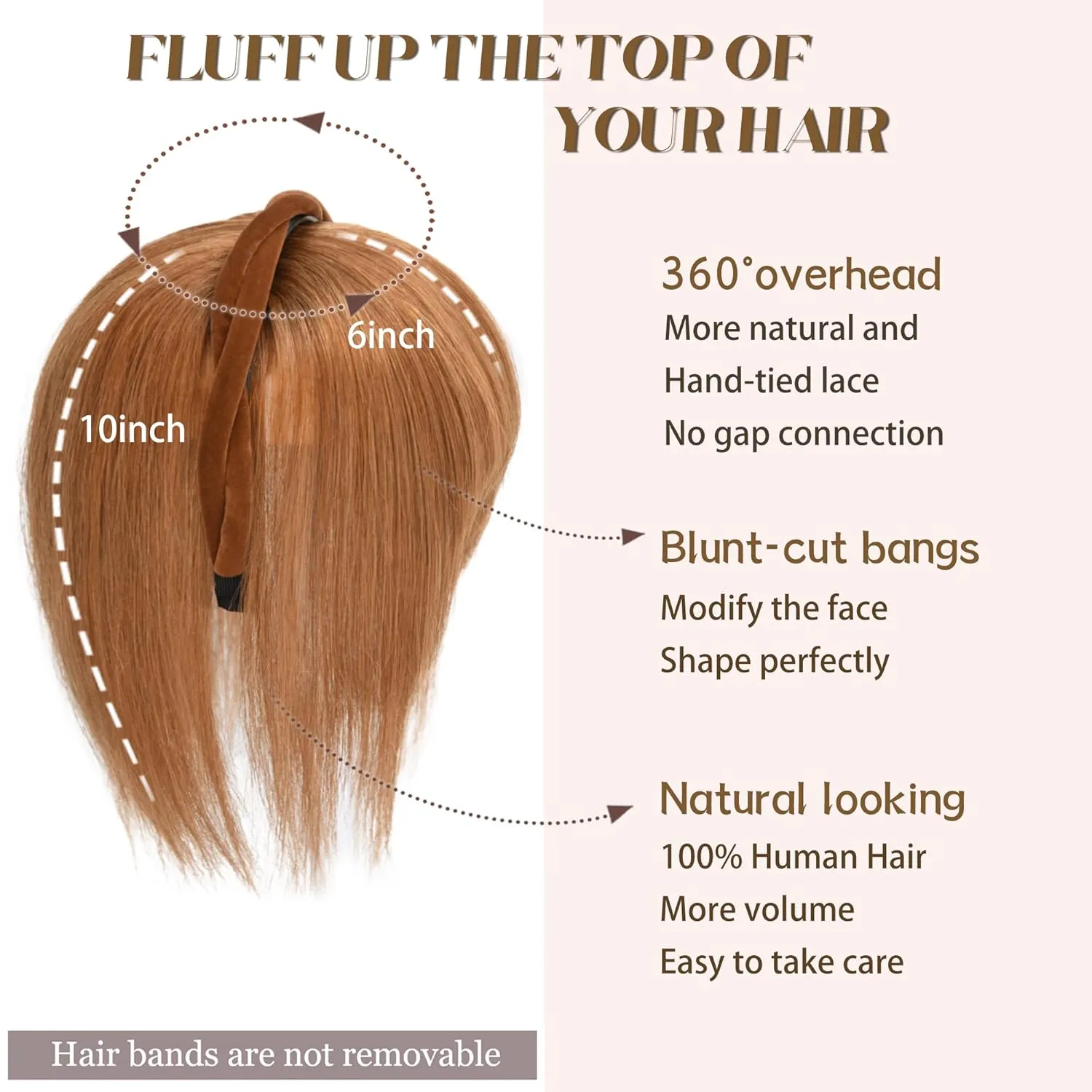 Women 10" Twist Braid Headband Straight Hairpieces Human Hair Clip In Topper Hair Extension With Bangs (Copper Red)