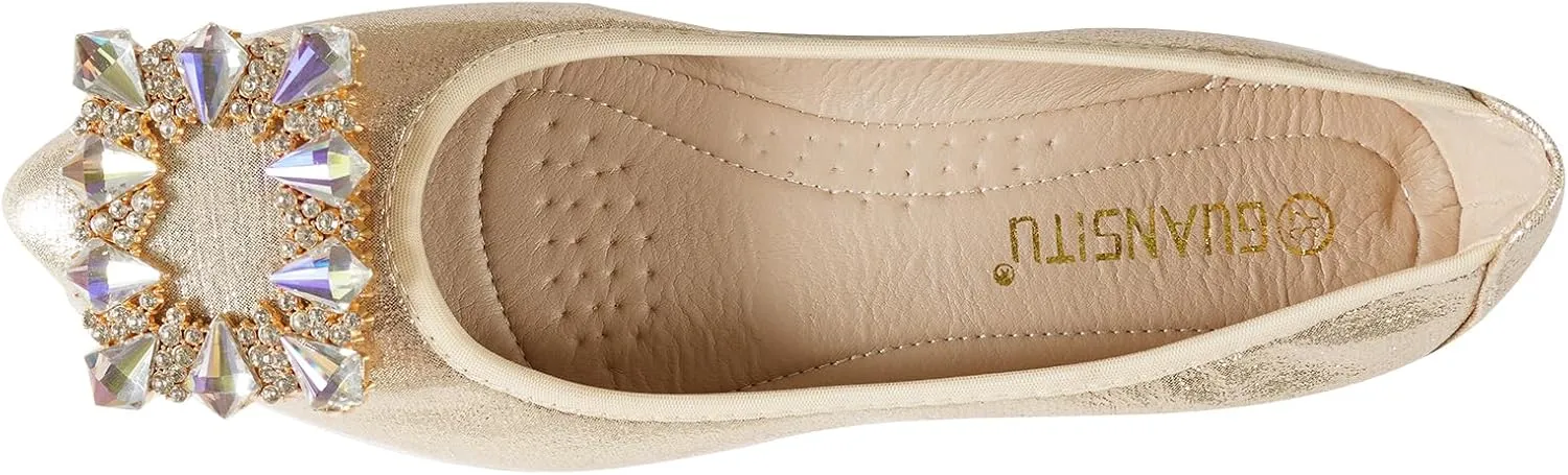 Women Ballet Flats Buckle Rhinestone Wedding Ballerina Shoes Foldable Sparkly Comfort Slip on Flat Shoes