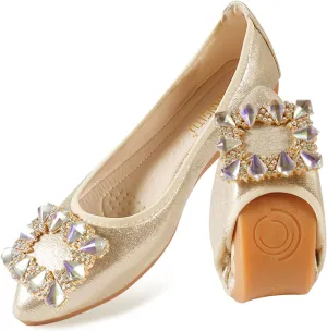 Women Ballet Flats Buckle Rhinestone Wedding Ballerina Shoes Foldable Sparkly Comfort Slip on Flat Shoes