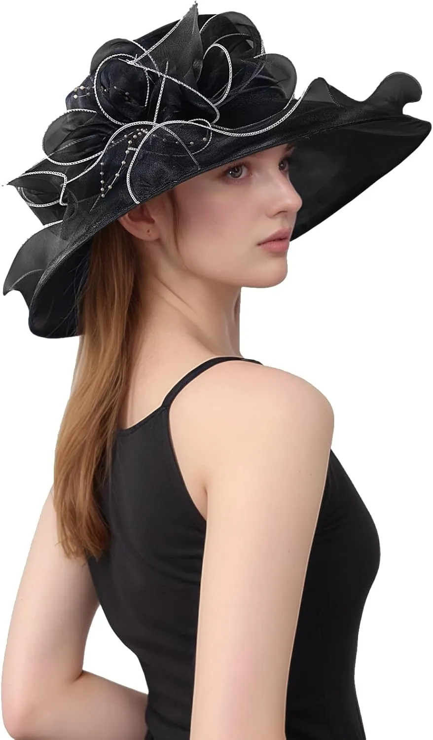 Women Kentucky Church Derby Hat Organza Wide Brim Sun Hat for Lady Dress Tea Party Wedding