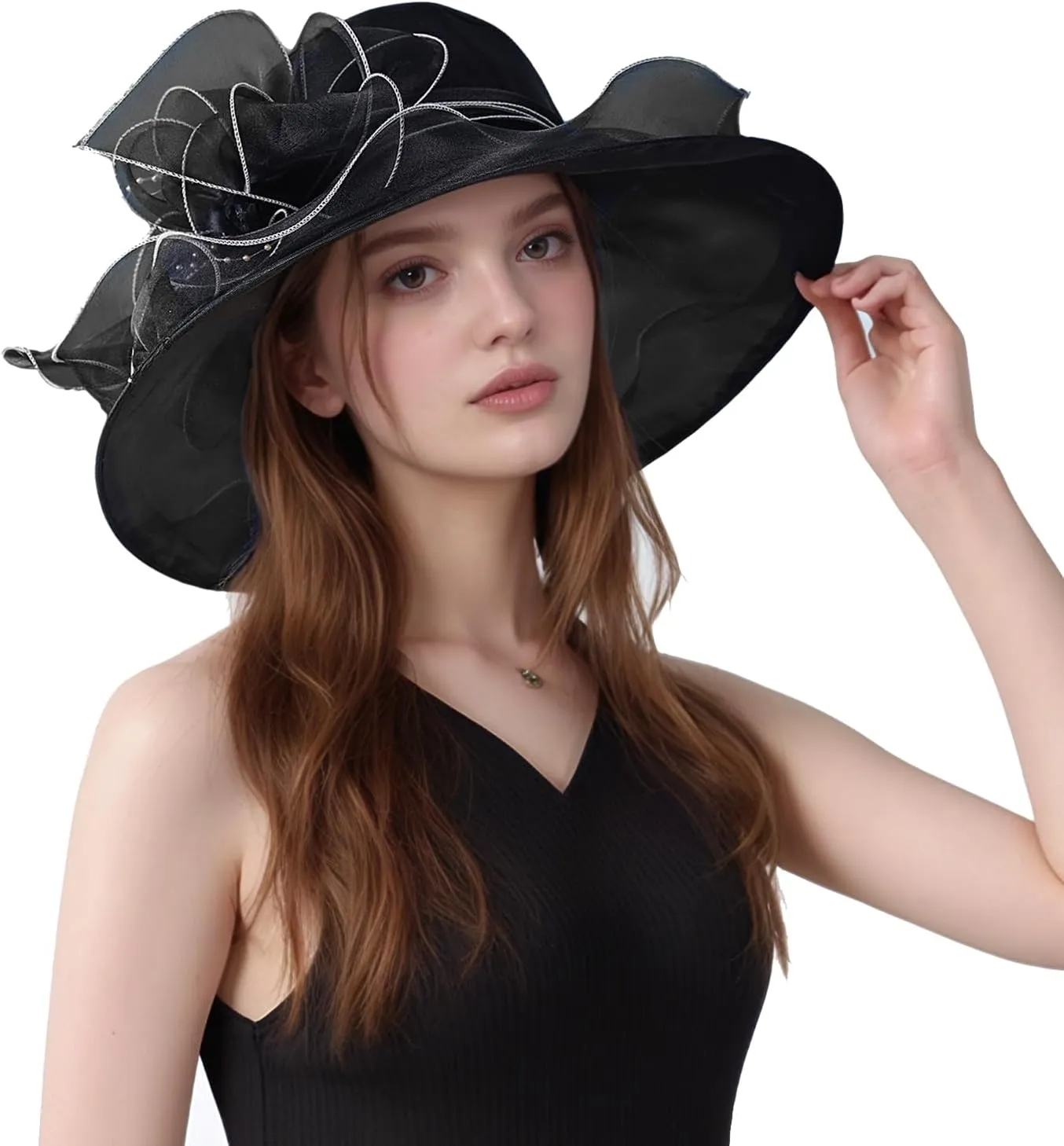 Women Kentucky Church Derby Hat Organza Wide Brim Sun Hat for Lady Dress Tea Party Wedding