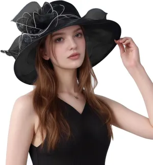 Women Kentucky Church Derby Hat Organza Wide Brim Sun Hat for Lady Dress Tea Party Wedding