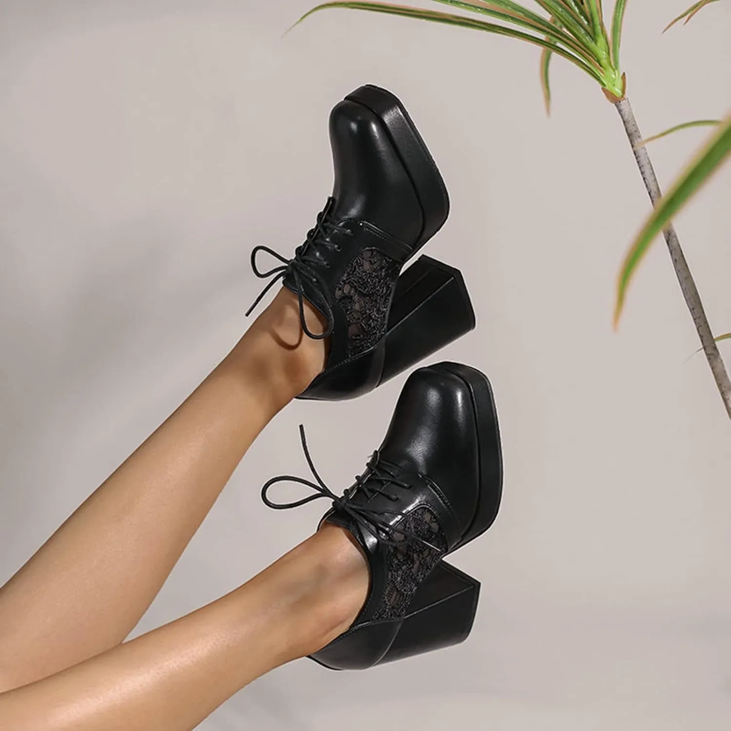 Women Square Toe Pumps Platform Chunky High Heel Booties Leather Comfy Lace Up Oxford Dress Shoes