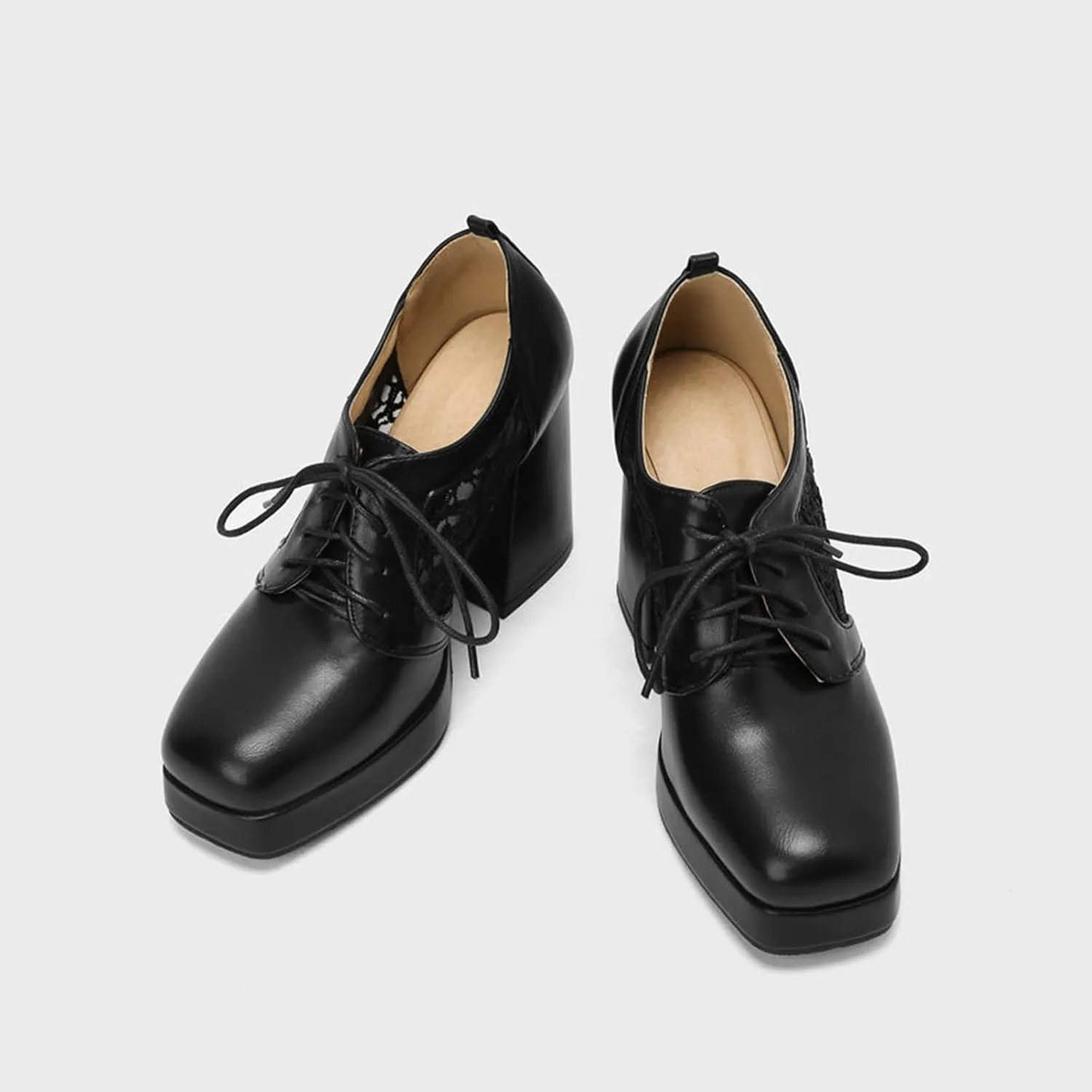 Women Square Toe Pumps Platform Chunky High Heel Booties Leather Comfy Lace Up Oxford Dress Shoes