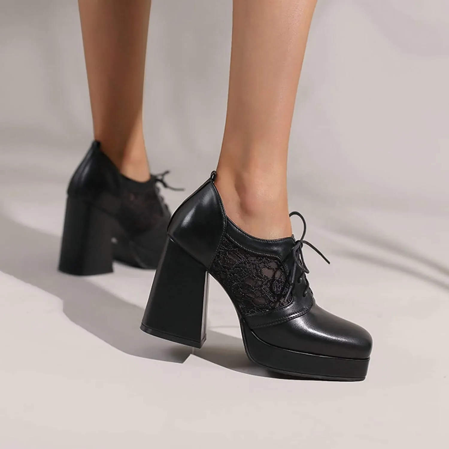 Women Square Toe Pumps Platform Chunky High Heel Booties Leather Comfy Lace Up Oxford Dress Shoes