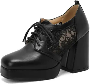 Women Square Toe Pumps Platform Chunky High Heel Booties Leather Comfy Lace Up Oxford Dress Shoes