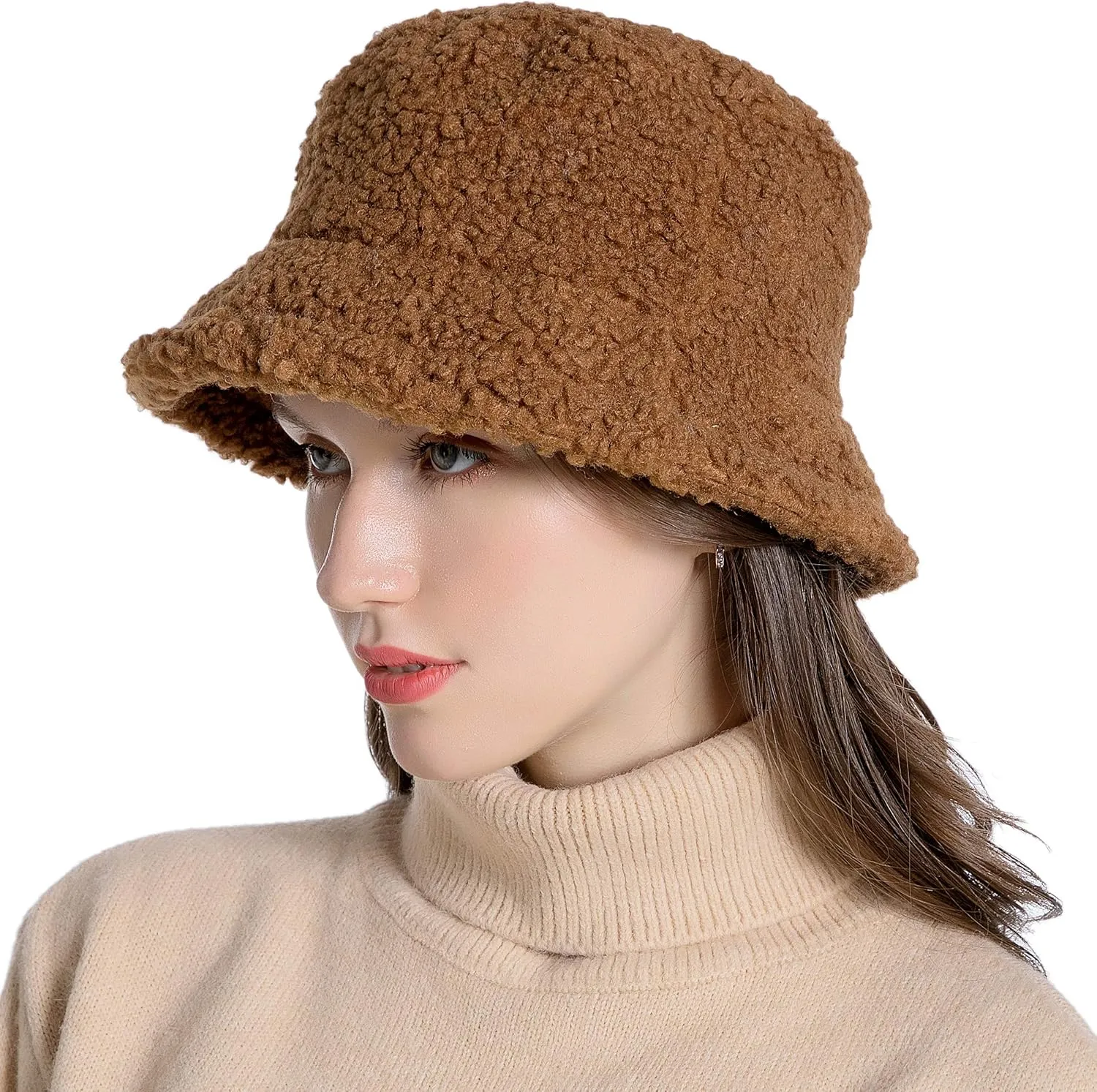 Women Winter Bucket Hat Warm Hats Cloche Faux Fur Fisherman Cap