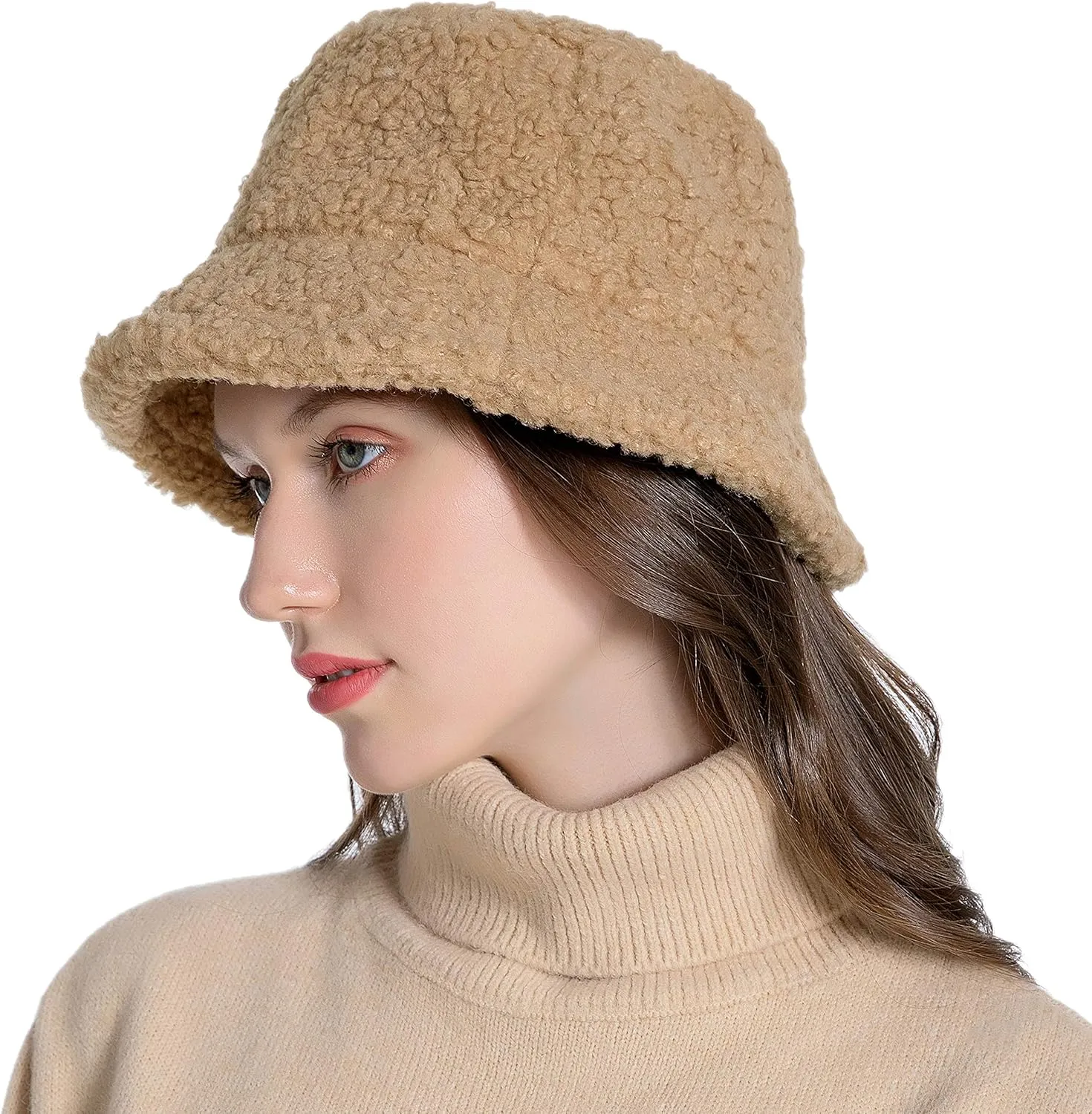 Women Winter Bucket Hat Warm Hats Cloche Faux Fur Fisherman Cap