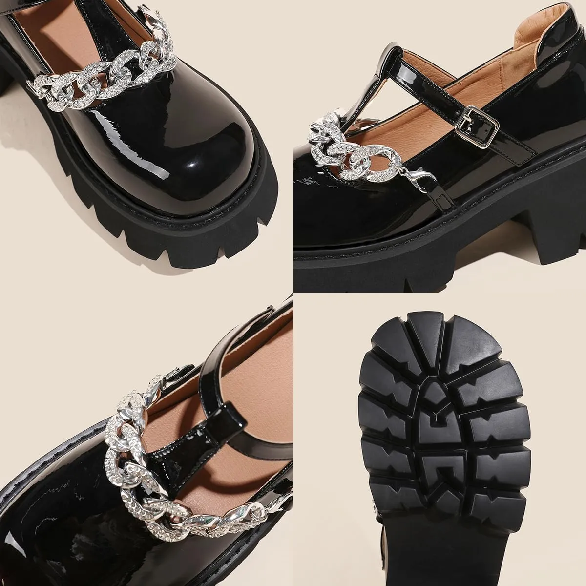Women's Black Platform Mary Janes Chunky Heel Goth Shoes Y2K Dress Pumps with Anke Strap