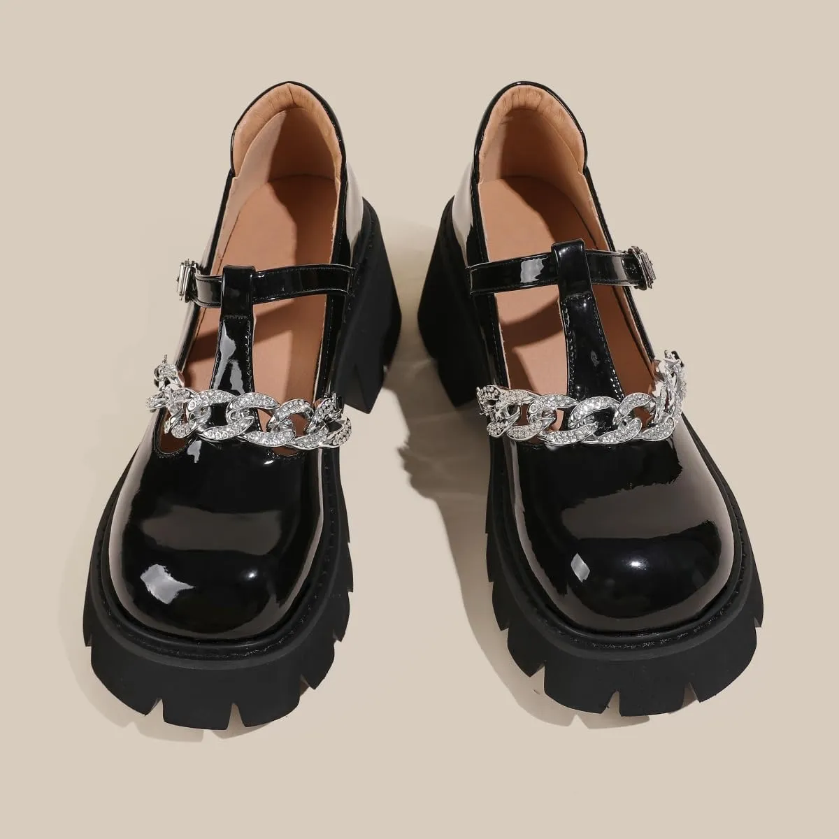 Women's Black Platform Mary Janes Chunky Heel Goth Shoes Y2K Dress Pumps with Anke Strap