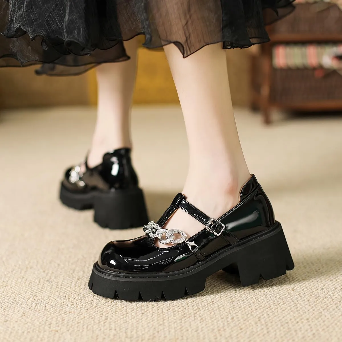 Women's Black Platform Mary Janes Chunky Heel Goth Shoes Y2K Dress Pumps with Anke Strap
