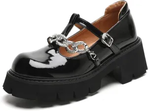 Women's Black Platform Mary Janes Chunky Heel Goth Shoes Y2K Dress Pumps with Anke Strap