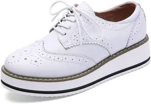 Women's Casual Platform Oxford Lace-Up Perforated Stacked Pumps Flats Loafers Brogues Dress Shoes
