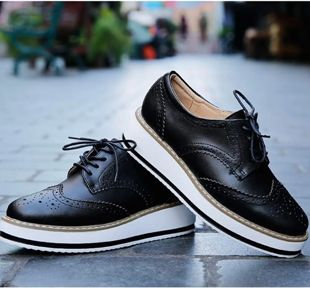 Women's Casual Platform Oxford Lace-Up Perforated Stacked Pumps Flats Loafers Brogues Dress Shoes