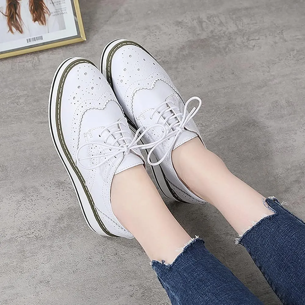 Women's Casual Platform Oxford Lace-Up Perforated Stacked Pumps Flats Loafers Brogues Dress Shoes