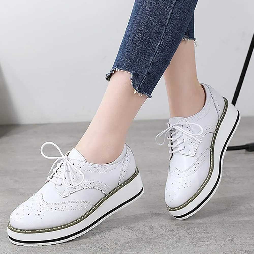 Women's Casual Platform Oxford Lace-Up Perforated Stacked Pumps Flats Loafers Brogues Dress Shoes