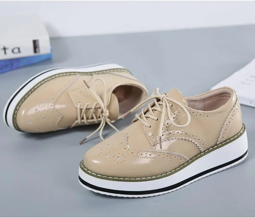 Women's Casual Platform Oxford Lace-Up Perforated Stacked Pumps Flats Loafers Brogues Dress Shoes