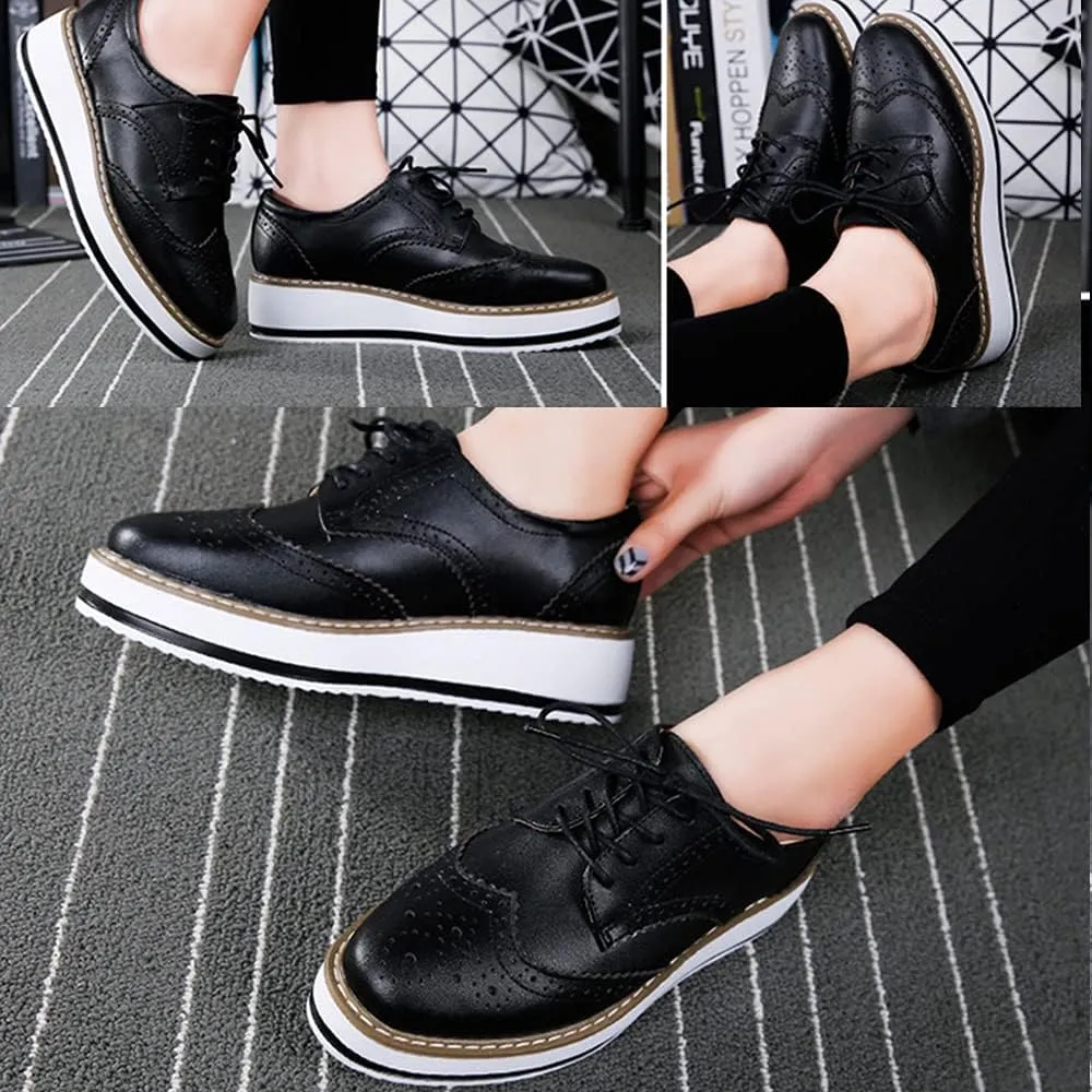 Women's Casual Platform Oxford Lace-Up Perforated Stacked Pumps Flats Loafers Brogues Dress Shoes