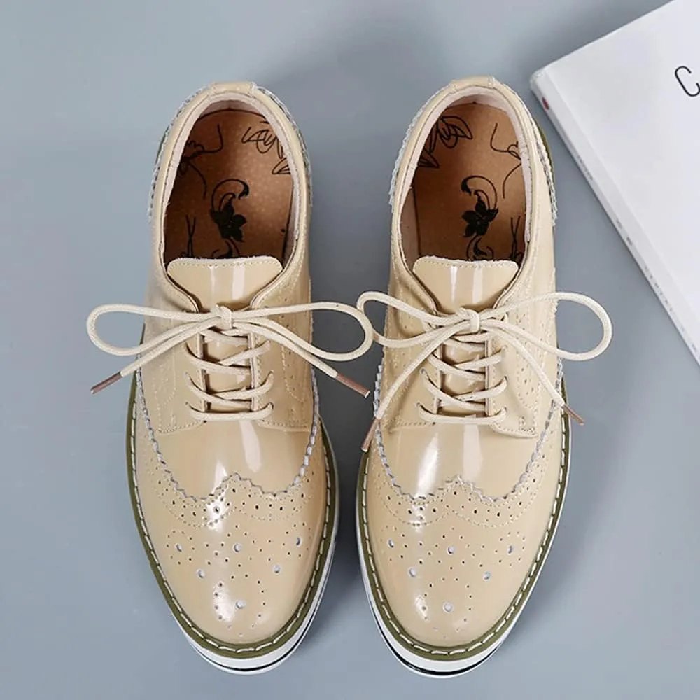 Women's Casual Platform Oxford Lace-Up Perforated Stacked Pumps Flats Loafers Brogues Dress Shoes
