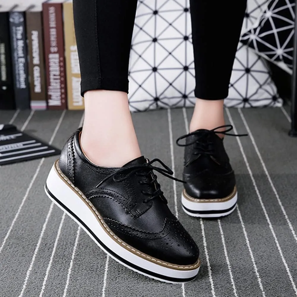 Women's Casual Platform Oxford Lace-Up Perforated Stacked Pumps Flats Loafers Brogues Dress Shoes