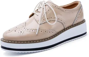 Women's Casual Platform Oxford Lace-Up Perforated Stacked Pumps Flats Loafers Brogues Dress Shoes