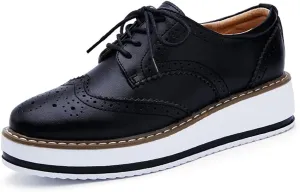 Women's Casual Platform Oxford Lace-Up Perforated Stacked Pumps Flats Loafers Brogues Dress Shoes