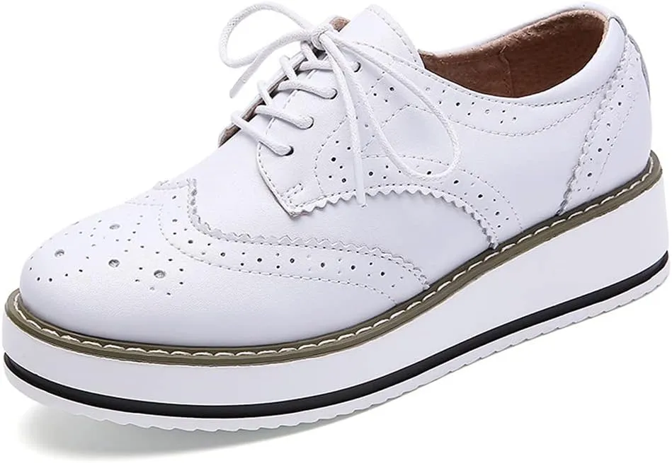 Women's Casual Platform Oxford Lace-Up Perforated Stacked Pumps Flats Loafers Brogues Dress Shoes
