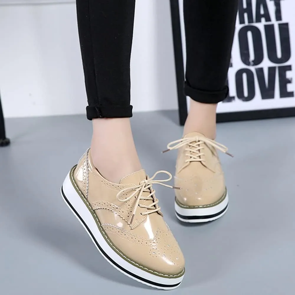 Women's Casual Platform Oxford Lace-Up Perforated Stacked Pumps Flats Loafers Brogues Dress Shoes