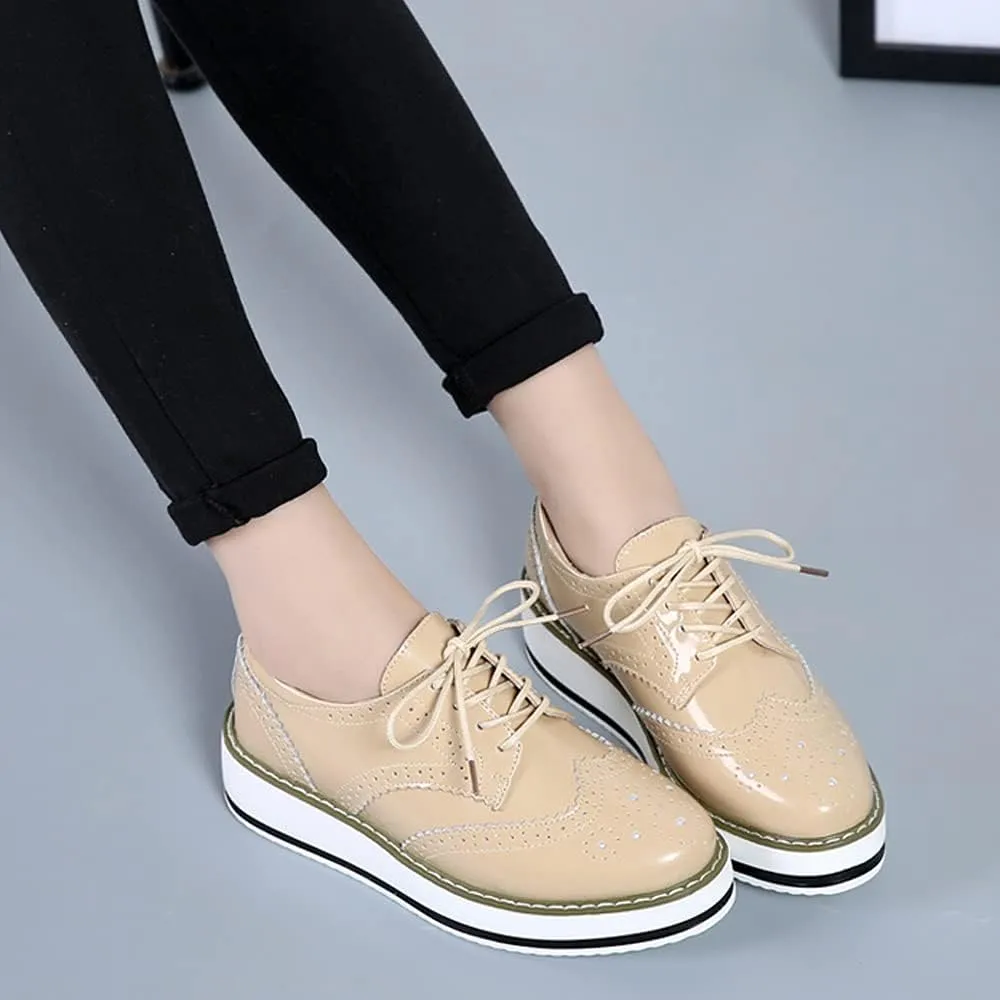 Women's Casual Platform Oxford Lace-Up Perforated Stacked Pumps Flats Loafers Brogues Dress Shoes