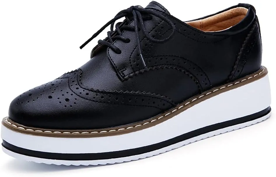 Women's Casual Platform Oxford Lace-Up Perforated Stacked Pumps Flats Loafers Brogues Dress Shoes