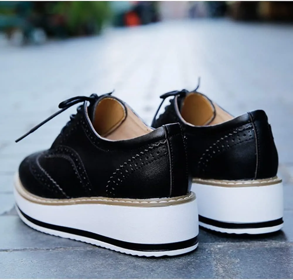 Women's Casual Platform Oxford Lace-Up Perforated Stacked Pumps Flats Loafers Brogues Dress Shoes