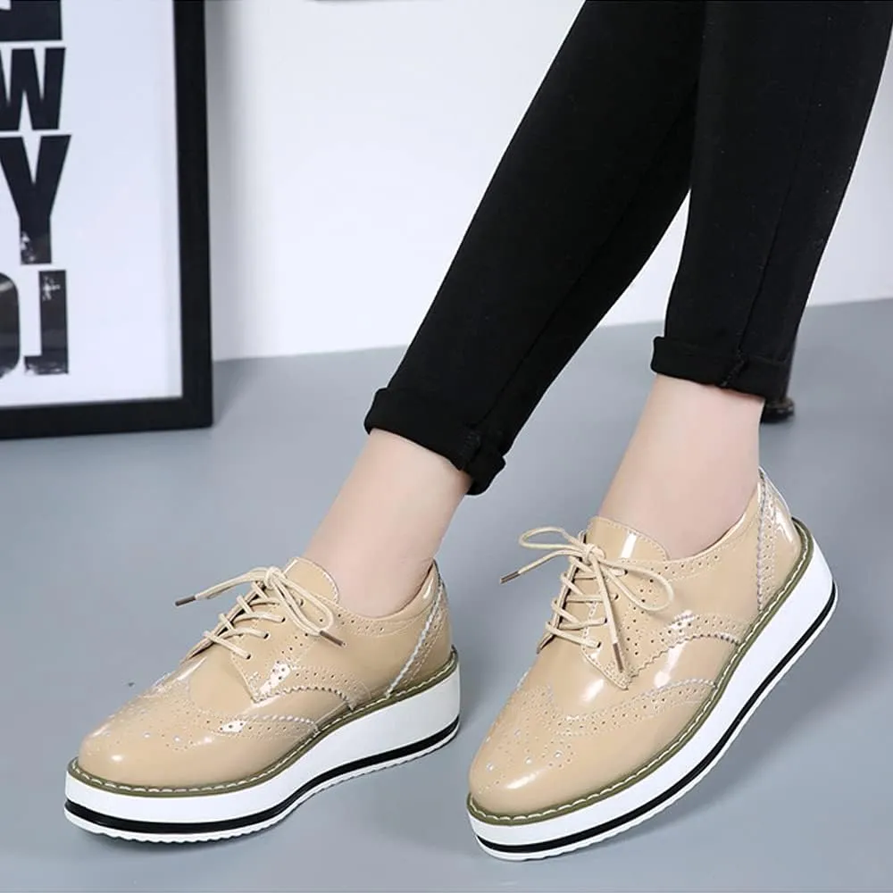 Women's Casual Platform Oxford Lace-Up Perforated Stacked Pumps Flats Loafers Brogues Dress Shoes