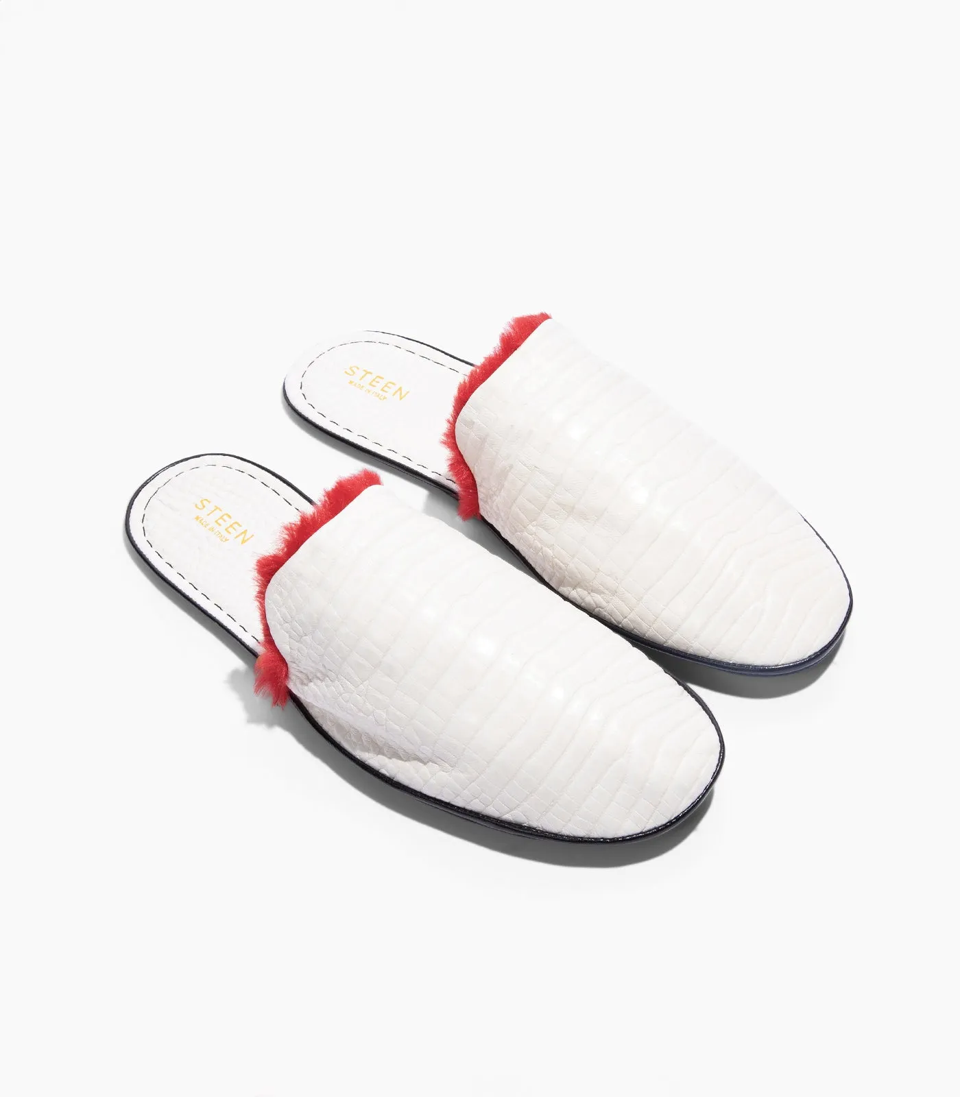 Women’s Crocodile Embossed Leather Foldable Slippers with Eco-Fur