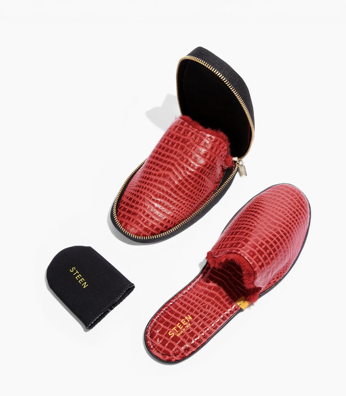 Women’s Crocodile Embossed Leather Foldable Slippers with Eco-Fur