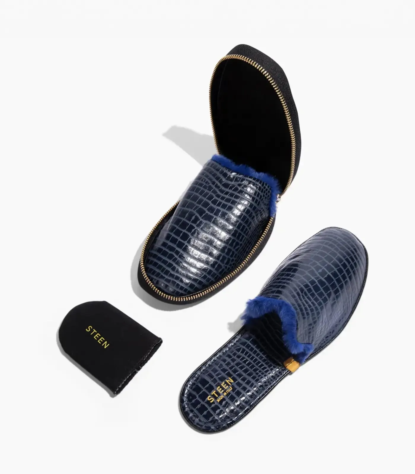 Women’s Crocodile Embossed Leather Foldable Slippers with Eco-Fur