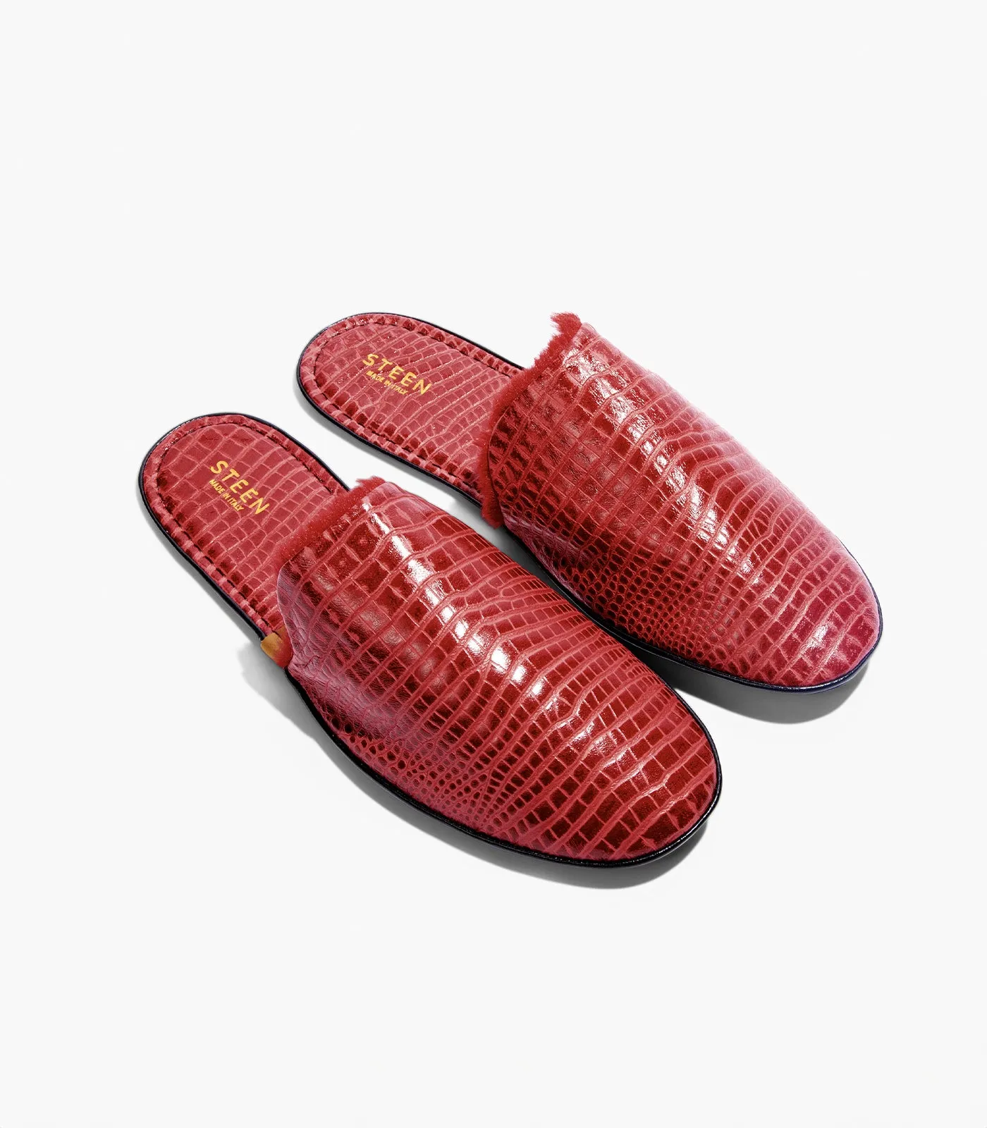 Women’s Crocodile Embossed Leather Foldable Slippers with Eco-Fur
