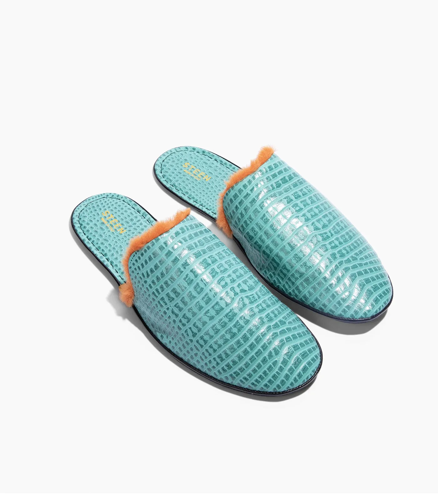 Women’s Crocodile Embossed Leather Foldable Slippers with Eco-Fur
