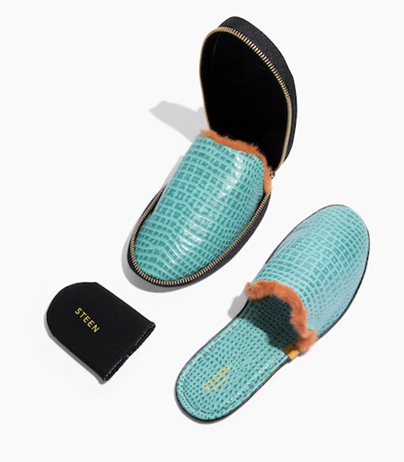 Women’s Crocodile Embossed Leather Foldable Slippers with Eco-Fur