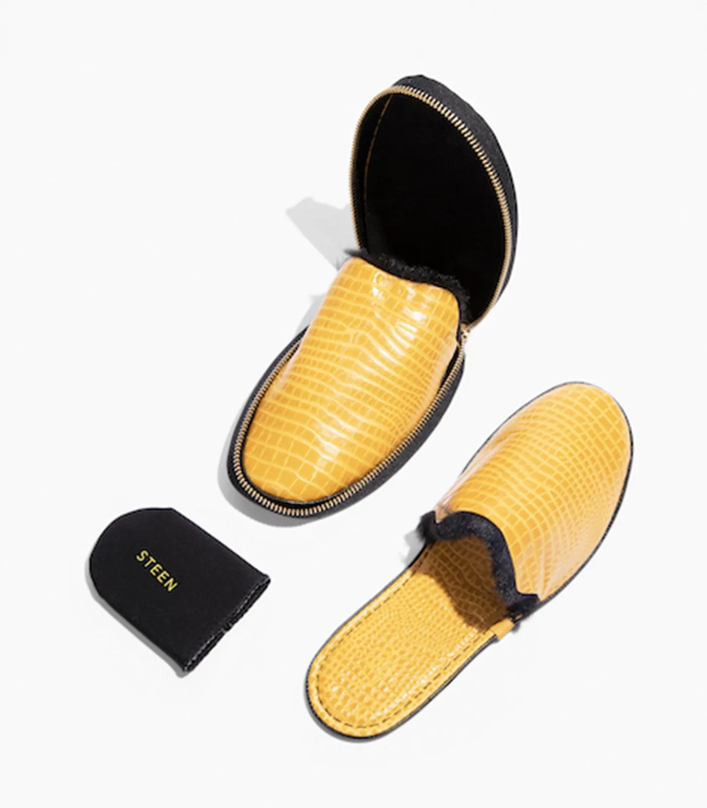 Women’s Crocodile Embossed Leather Foldable Slippers with Eco-Fur