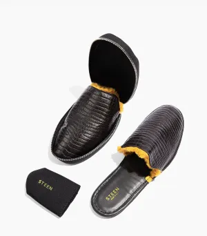 Women’s Crocodile Embossed Leather Foldable Slippers with Eco-Fur