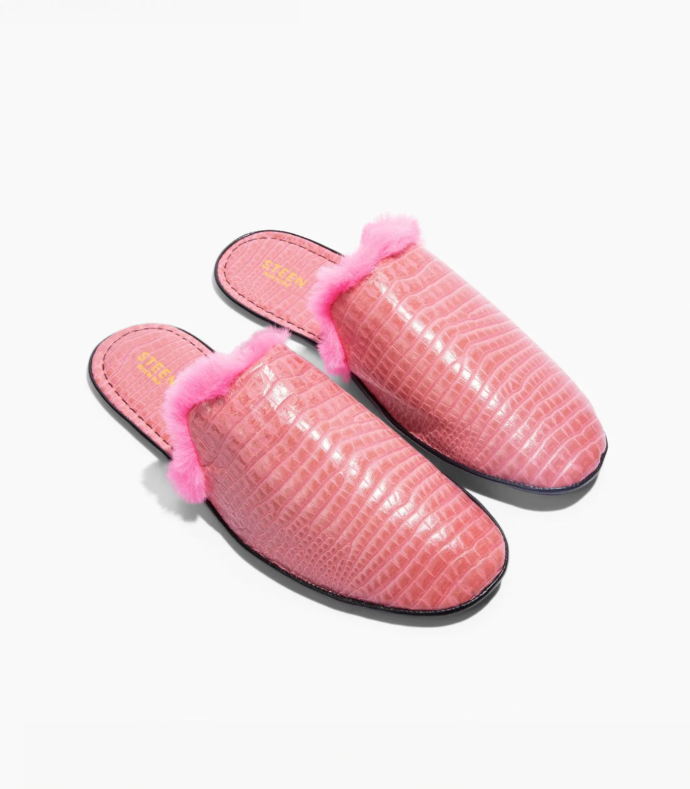 Women’s Crocodile Embossed Leather Foldable Slippers with Eco-Fur
