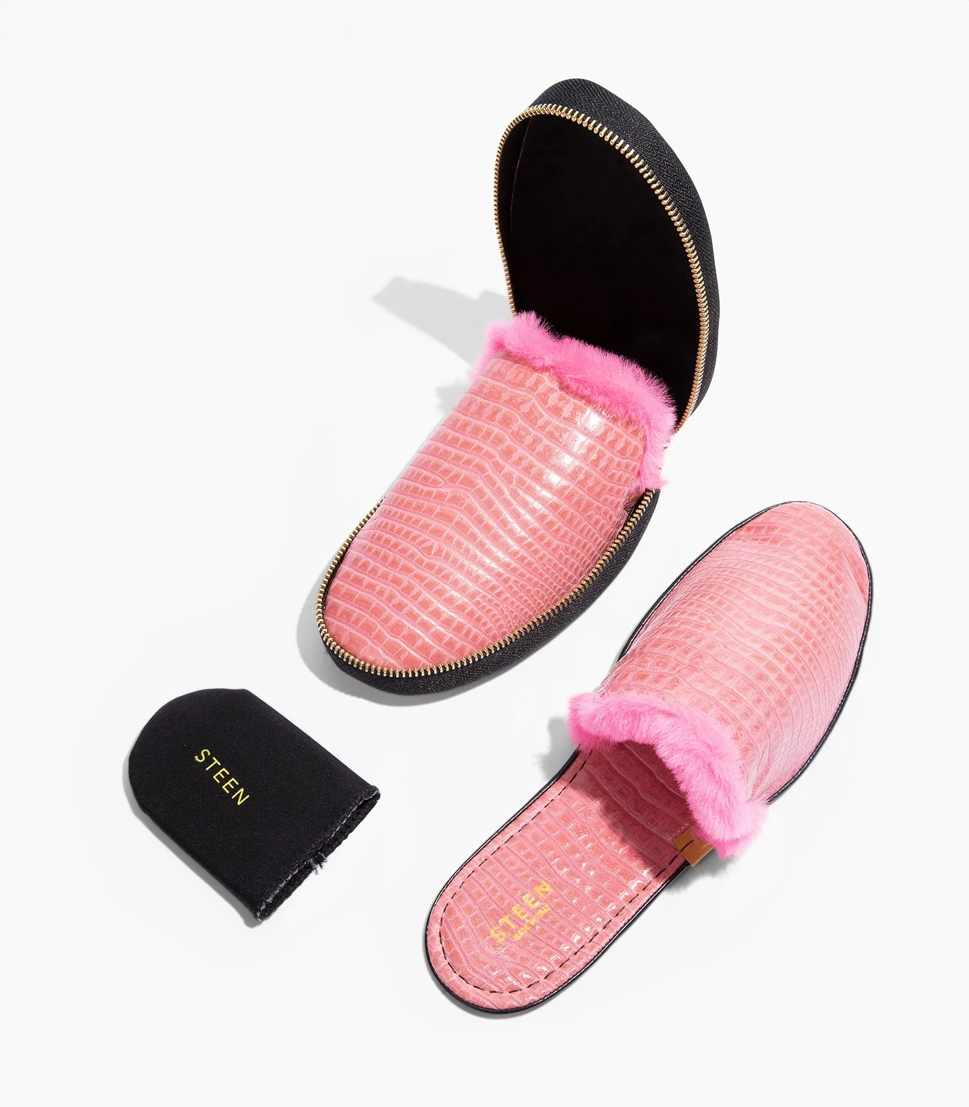 Women’s Crocodile Embossed Leather Foldable Slippers with Eco-Fur