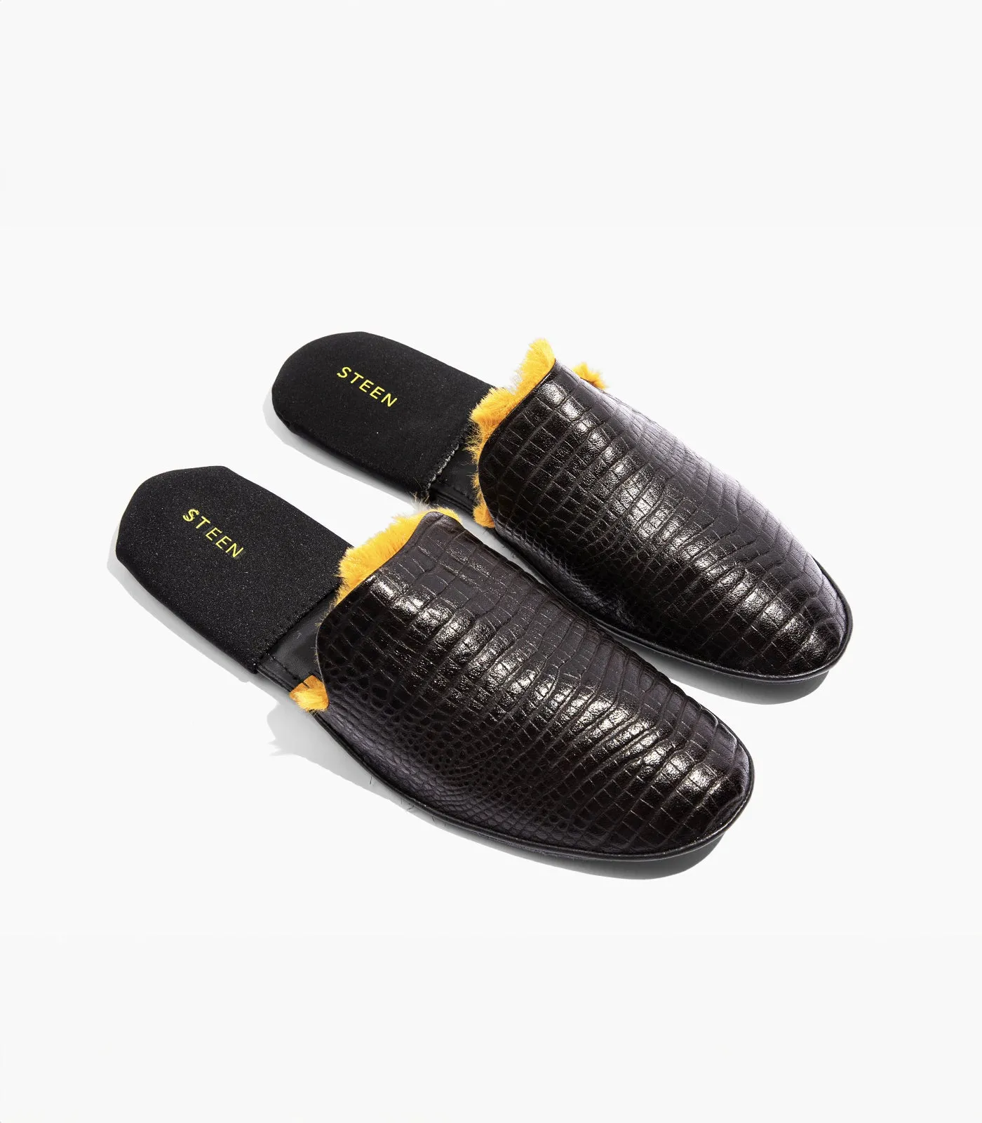 Women’s Crocodile Embossed Leather Foldable Slippers with Eco-Fur